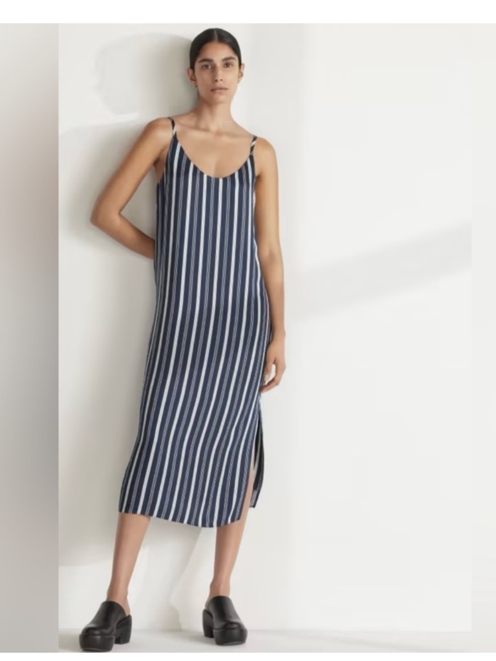 NWT EVERLANE The Hammered Satin Slip Dress Navy Bone size 0
